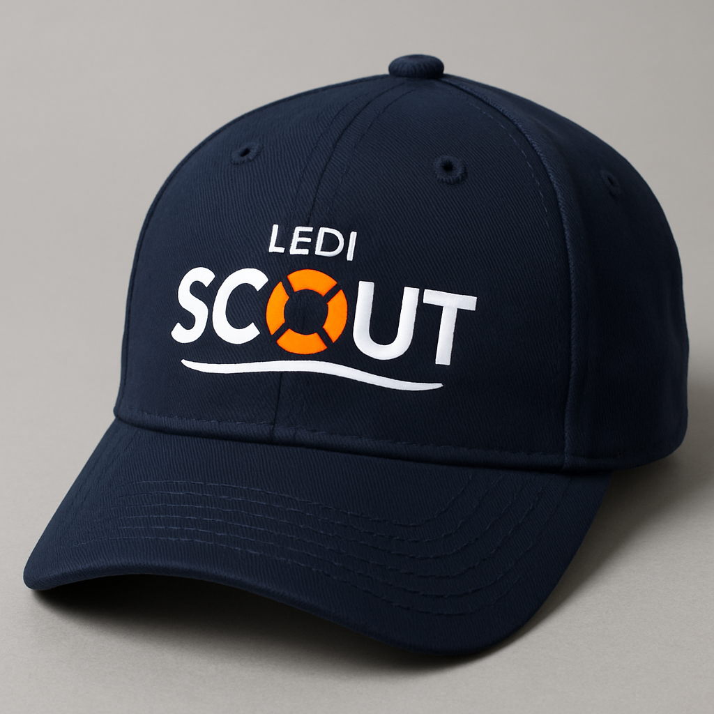 Navy blue cap with 'LEDI SCOUT' logo on a gray background