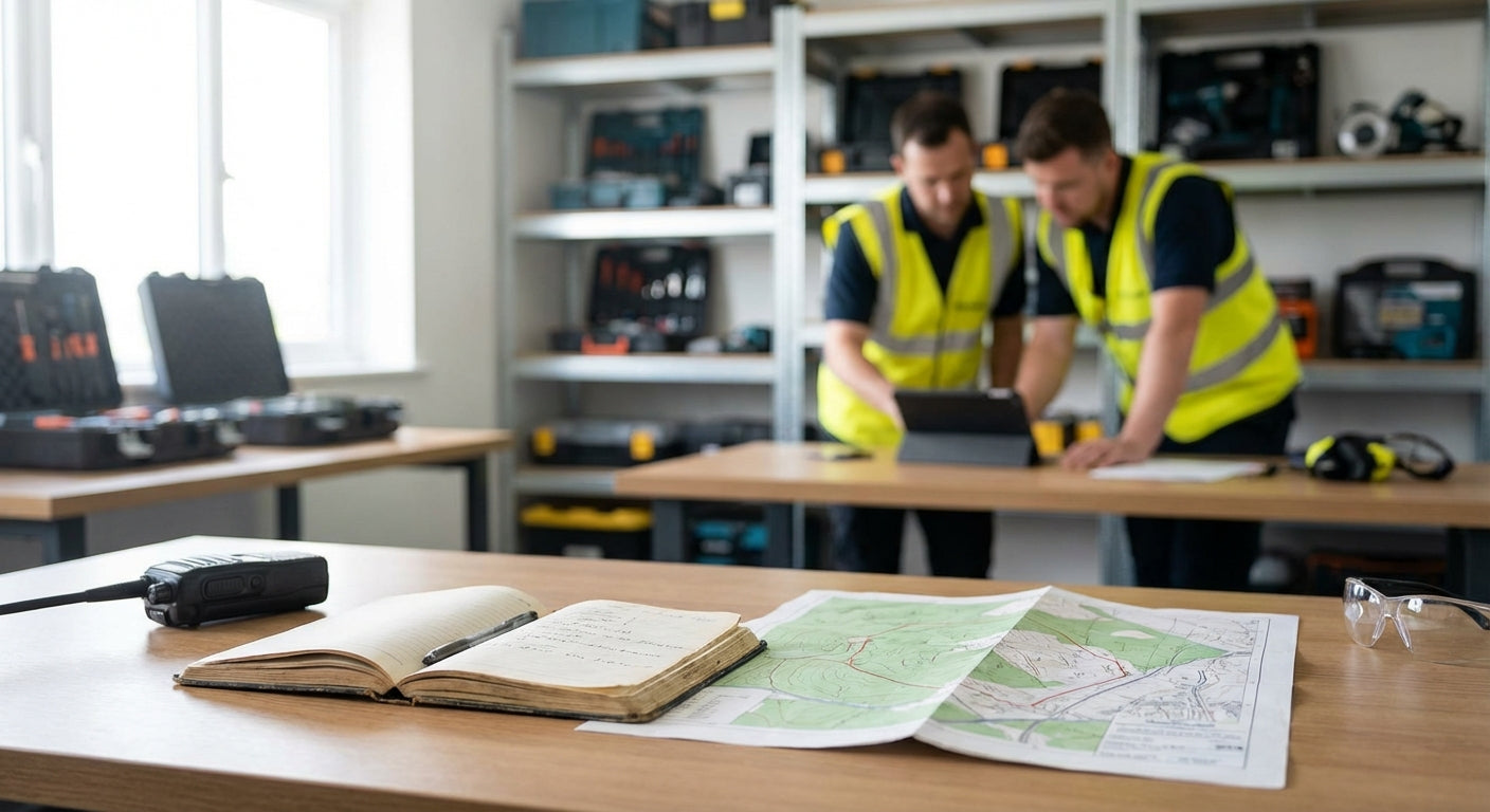 Two workers in a workshop with tools and equipment on shelves.