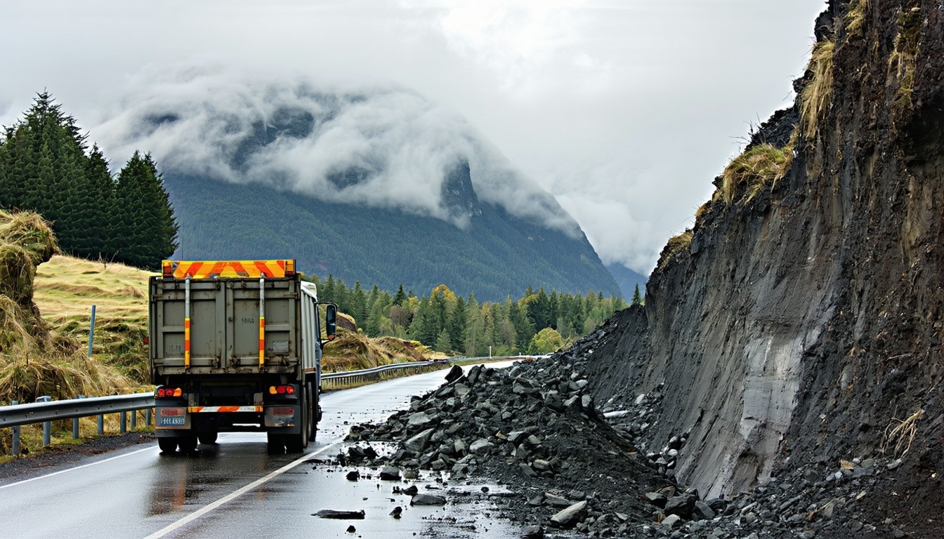 A landslip completely blocks a road in a mountainous area in new zealand Rain clouds are in the sky A truck is stopped unable to pass by-4